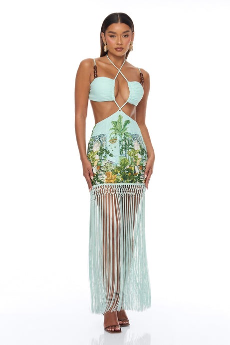 Euro Coast Fringe Maxi Dress - Aqua/Combo