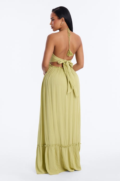 Pretty In Paradise Backless Maxi Dress - Lime