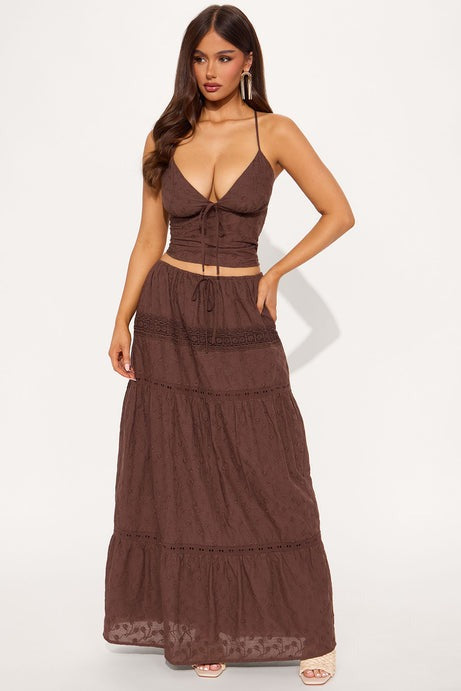 Camille Eyelet Maxi Skirt Set - Chocolate