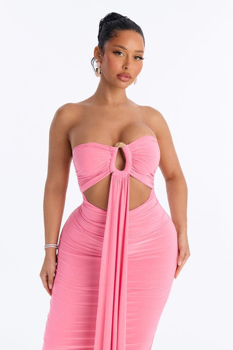 Heating Up Draped Strapless Maxi Dress - Pink