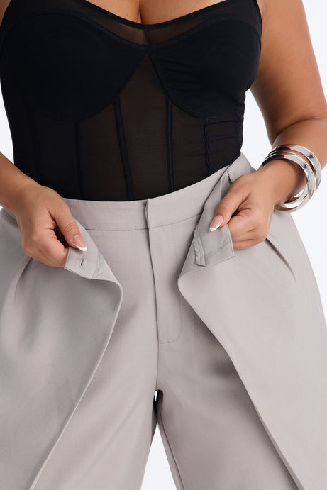 Margaret Solid Wide Leg Front Wrap Trouser Pant - Light Grey