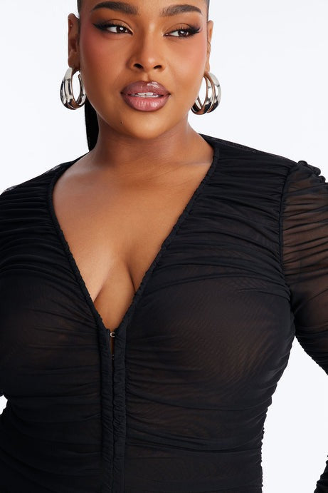 Rachel Ruched Hook and Eye Long Sleeve Mesh Bodysuit - Black
