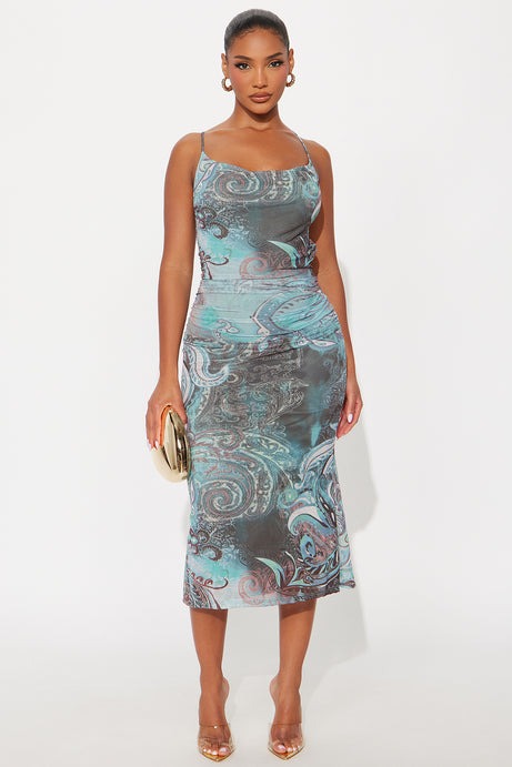 Parker Paisley Mesh Midi Dress - Blue/combo