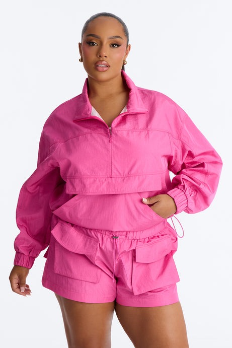 Connie High Neck Quarter Zip Windbreaker Jacket - Pink