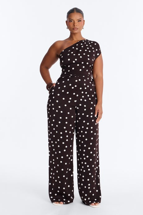 Penni Polka Dot One Shoulder Jumpsuit - Chocolate