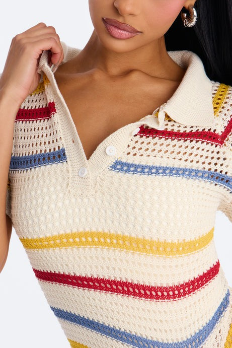 Clear Skies Crochet Polo Top - Natural/Combo