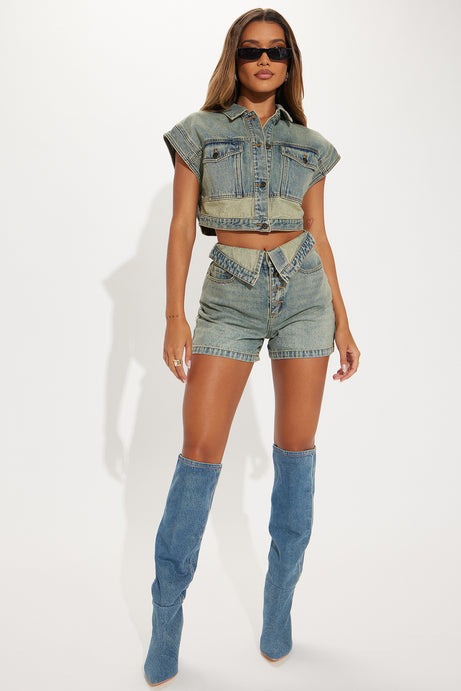 Brenda Washed Denim Short Set - Vintage Wash