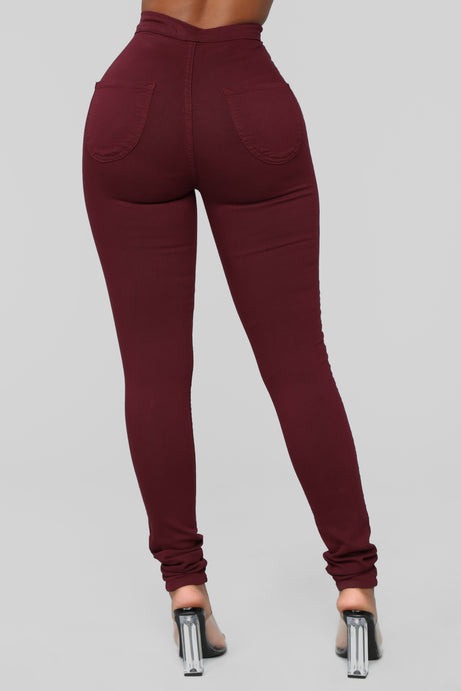 Super High Waist Denim Skinnies - Burgundy