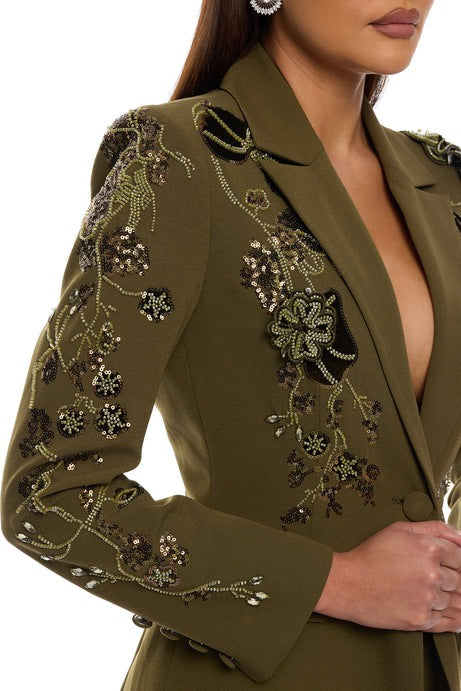 Indie Embellished Blazer Pant Set - Olive