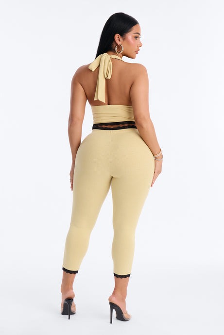 Your's Truly Halter Laced Ribbed Capri Set - Yellow/combo