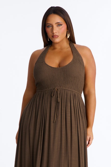 Freya Smocked Linen Maxi Dress - Chocolate