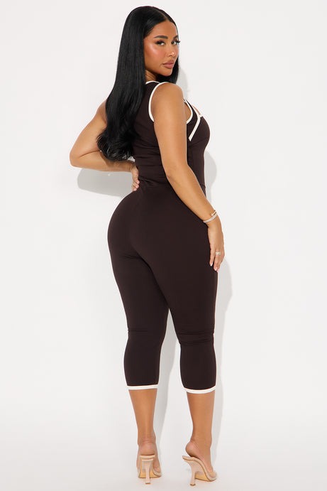 His Loss Contrast Trim Capri Jumpsuit - Chocolate