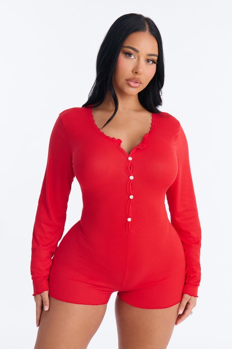 Yours Truly Ribbed Henley PJ Romper Onesie - Red