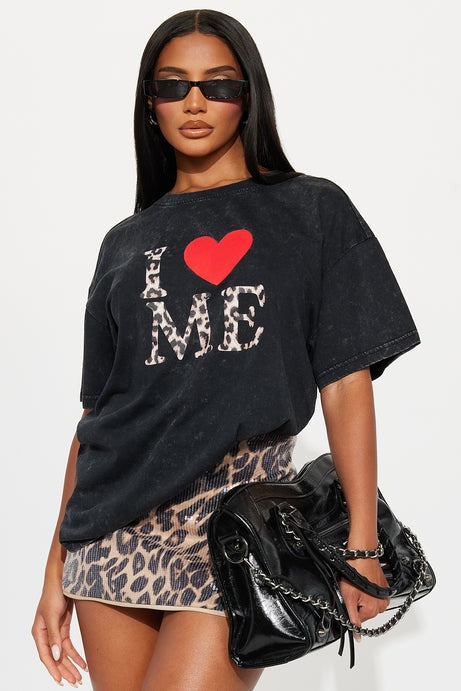 I Love Me Leopard Washed Oversized Tee - Black