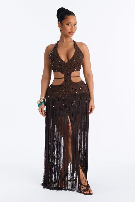 Renee Fringe Crochet Maxi Dress - Brown