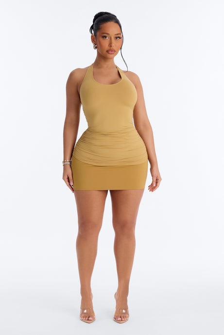 Second Skin Ruched Backless Halter Top - Honey