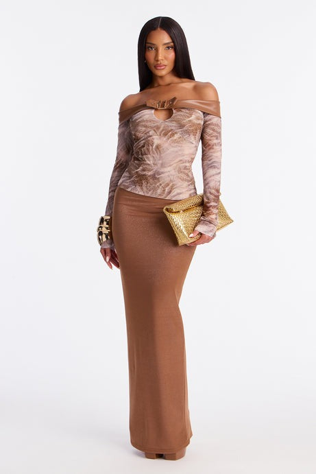 Lowri Mesh Off Shoulder Top - Brown/combo