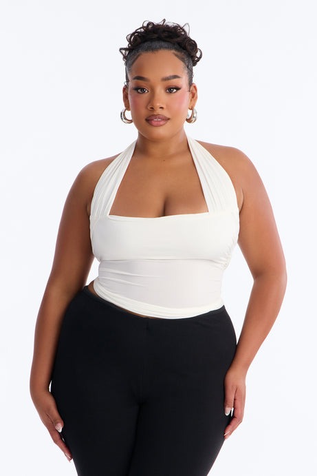 Don't Overthink Ruched Halter Top - White