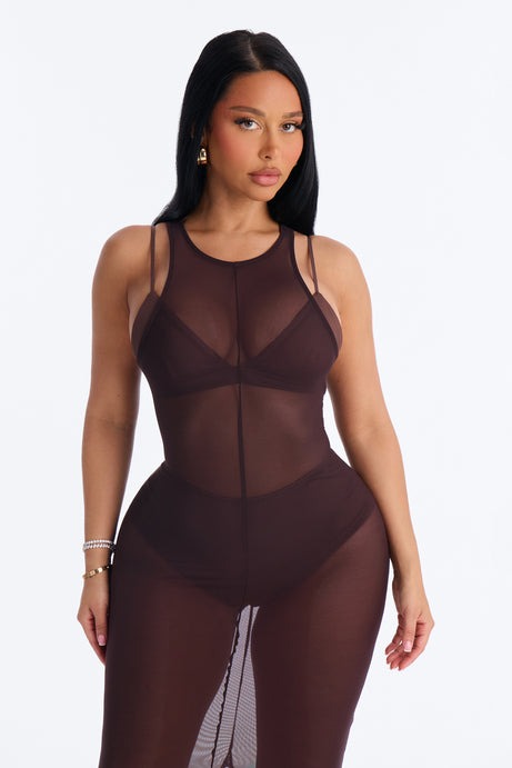 Power Mesh Sleeveless 3 Piece Maxi Dress Set - Chocolate