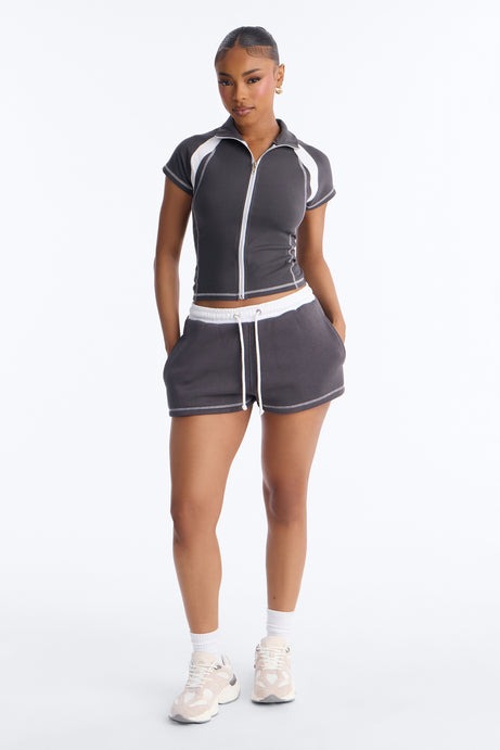 Running The Game Zip Front Short Set - Charcoal