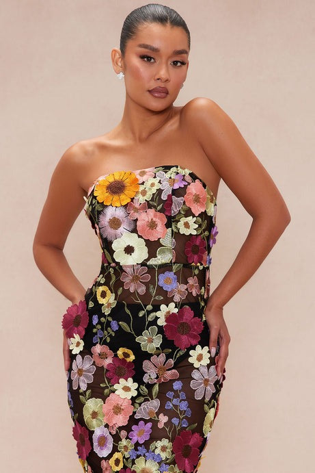 Kelli Floral Embroidered Midi Dress - Black/combo
