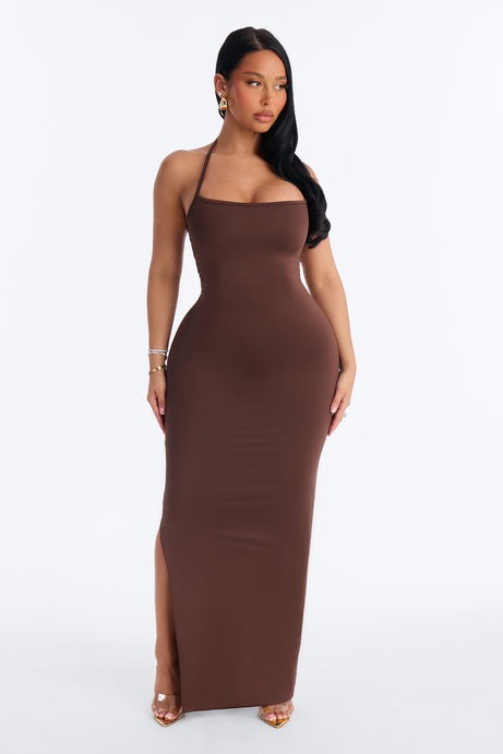 Contour Double Lined Halter Maxi Dress - Chocolate