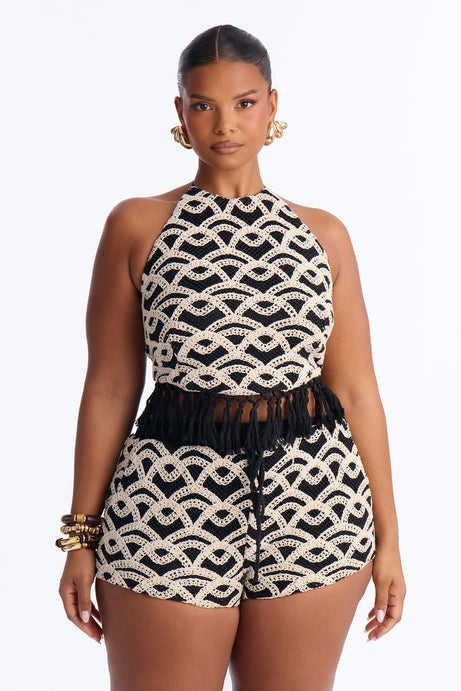 Mara Crochet Fringe Short Set - Black/White