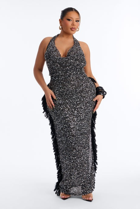Dark Femme Fringe Sequin Maxi Dress - Black