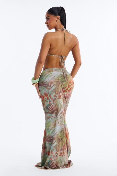 Daniela Animal Halter Hardware 3 Piece Bikini Skirt Set - Green/combo