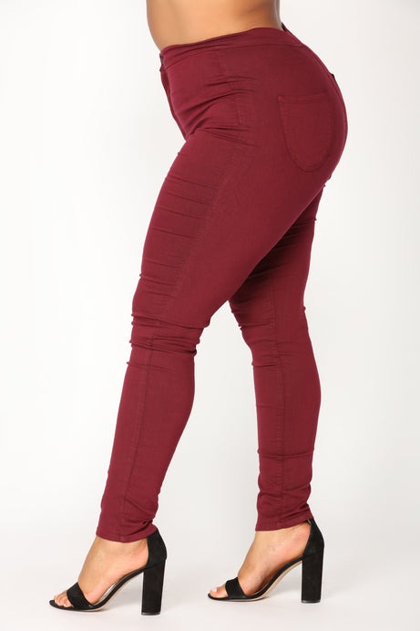 Super High Waist Denim Skinnies - Burgundy