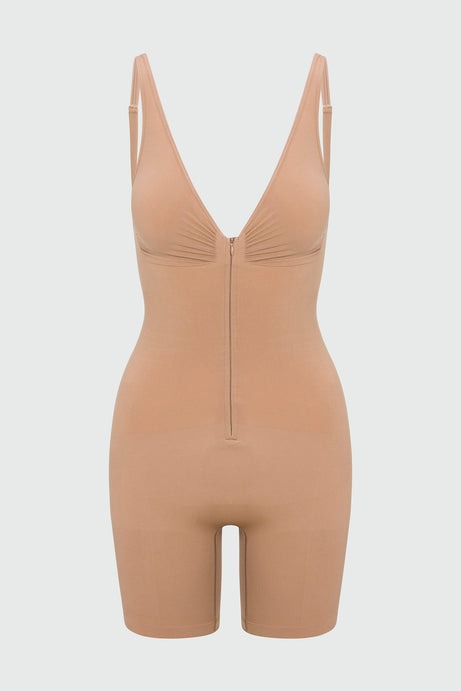 Nova Sculpt Seamless Strong Compression Zip Front Thigh Shaping Bodysuit - Nude