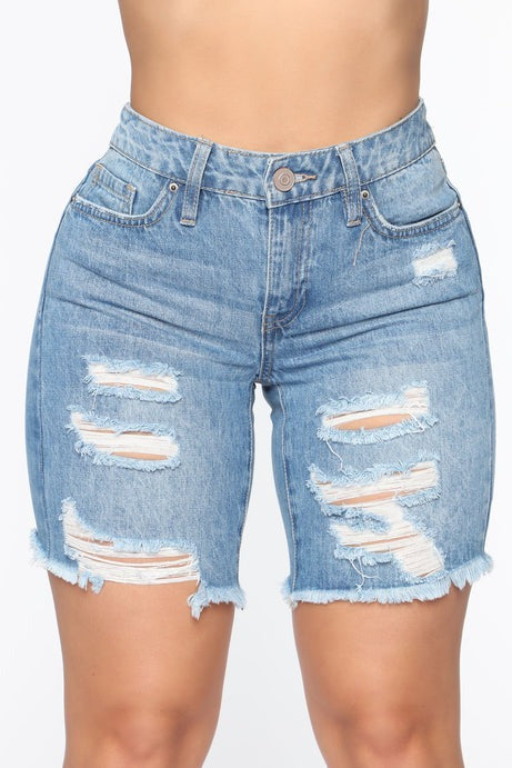 The Mixer Distressed Denim Bermudas - Medium Blue Wash