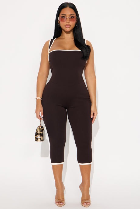 His Loss Contrast Trim Capri Jumpsuit - Chocolate