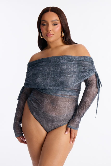 Poison Kiss Mesh Long Sleeve Ruched Bodysuit - Charcoal/combo