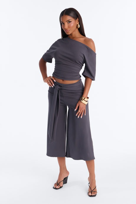 Amelie Tie Front Gaucho Pant Set - Charcoal