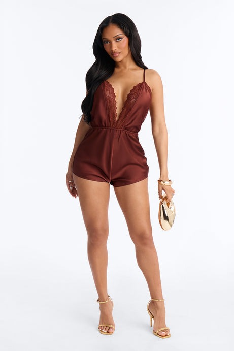 Grace Satin Backless Micro Romper - Chocolate