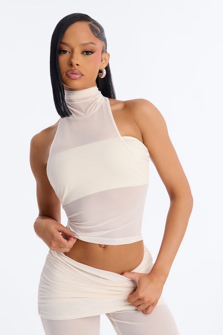 Power Mesh High Neck Thin Racerback Sleeveless Top - Bone