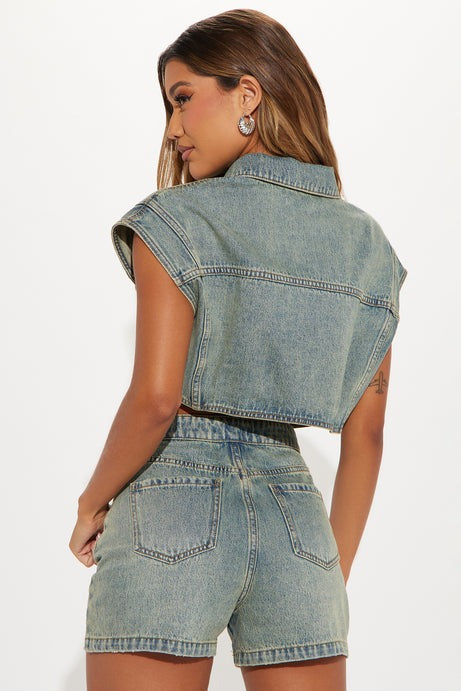 Brenda Washed Denim Short Set - Vintage Wash