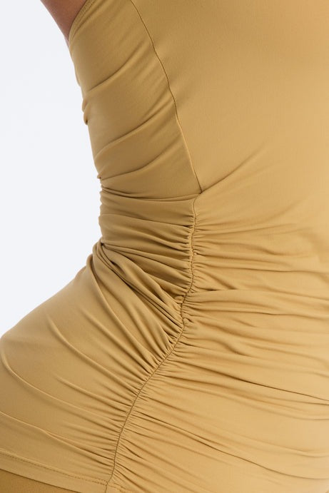 Second Skin Ruched Backless Halter Top - Honey