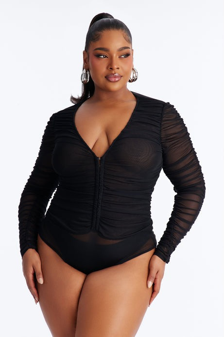Rachel Ruched Hook and Eye Long Sleeve Mesh Bodysuit - Black