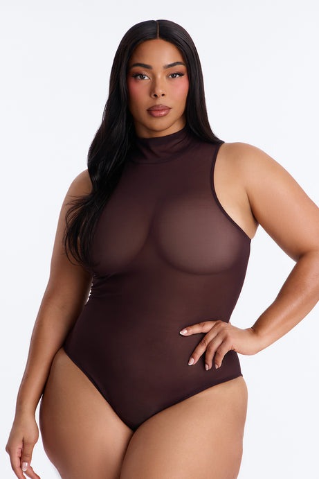 Power Mesh Turtle Neck Sleeveless Bodysuit - Chocolate