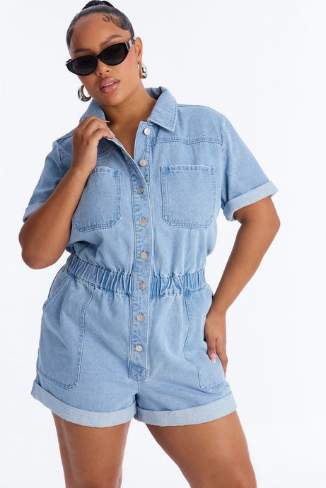 Victoria Light Wash Denim Romper - Light Wash