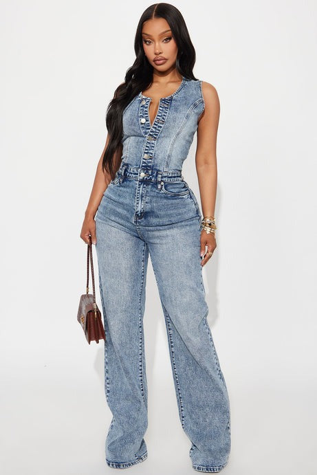 Zenaida Denim Wide Leg Jumpsuit - Medium Wash
