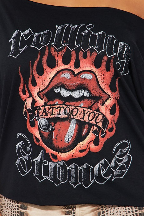 Rolling Stones Flame Off Shoulder Tee - Black