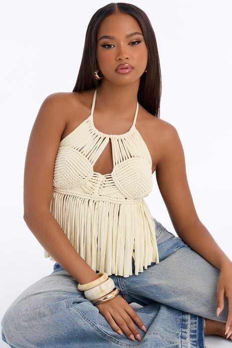 Santa Teresa Fringe Halter Top - Cream