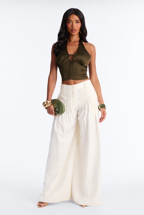 Midnight Mischief Tie Front Satin Halter Top - Dark Olive