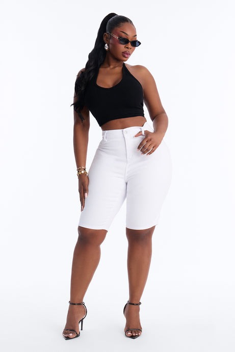 Tulsa Booty Lifting High Rise Stretch Denim Bermuda Shorts - White