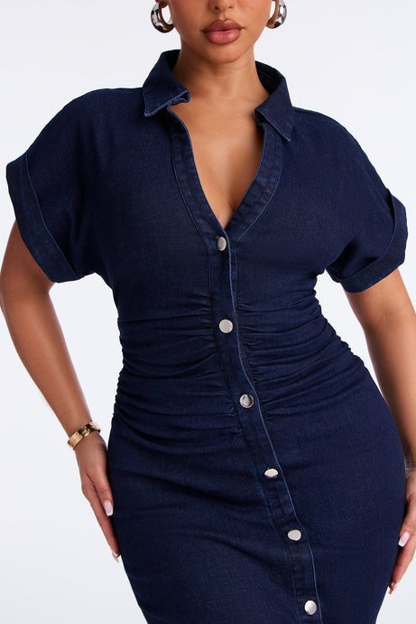 Amberly Ruched Denim Midi Dress - Dark Wash