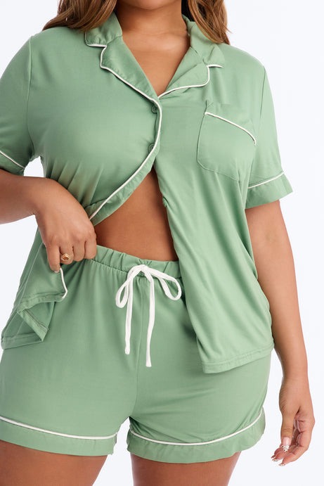 Blush Nights Button Up Short Sleeve PJ Short Set - Green