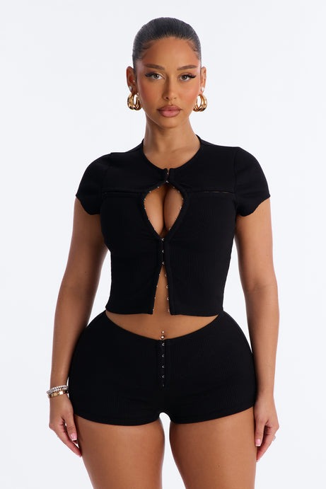 Kami Snatched Short Sleeve 2 Piece Micro Mini Short Set - Black